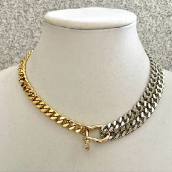 Mixed Metal Gold & Silver Cuban Link Chain Necklace Caribeaner Bit Closure NEW - Picture 2 of 10